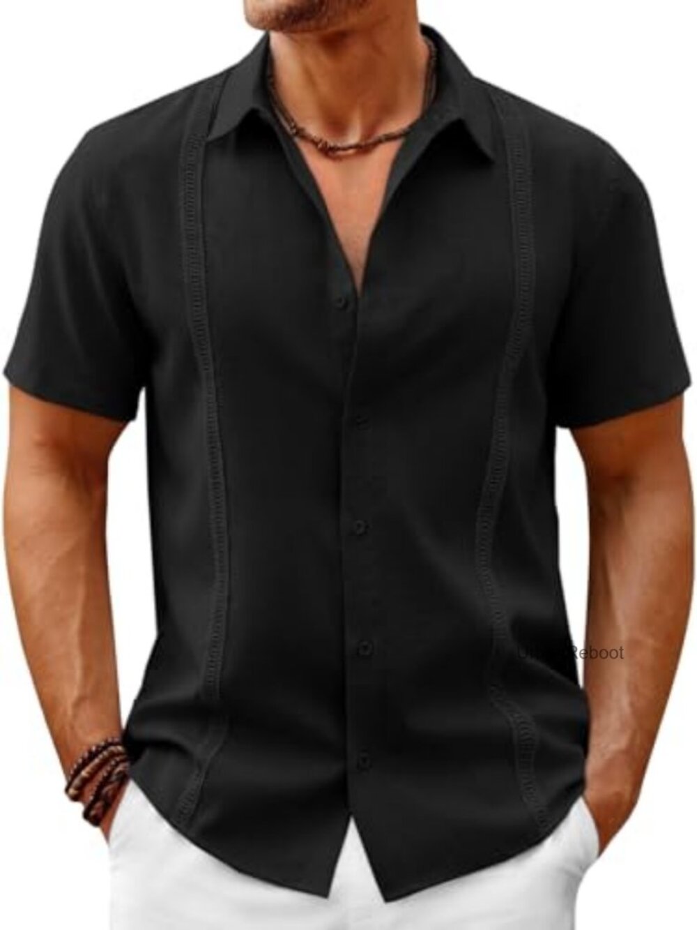 Faux Linen Guayabera Short Sleeve Button Down Shirt Men's Summer Cuban Style